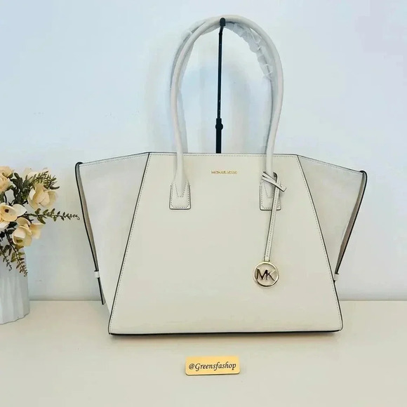 Michael Kors Purse MK Avril Extra-Large Leather and Suede Tote Bag LT Cream - Picture 1 of 11